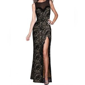 Miusol Black Lace Sleeveless Long Evening Side Slit Formal Dress
